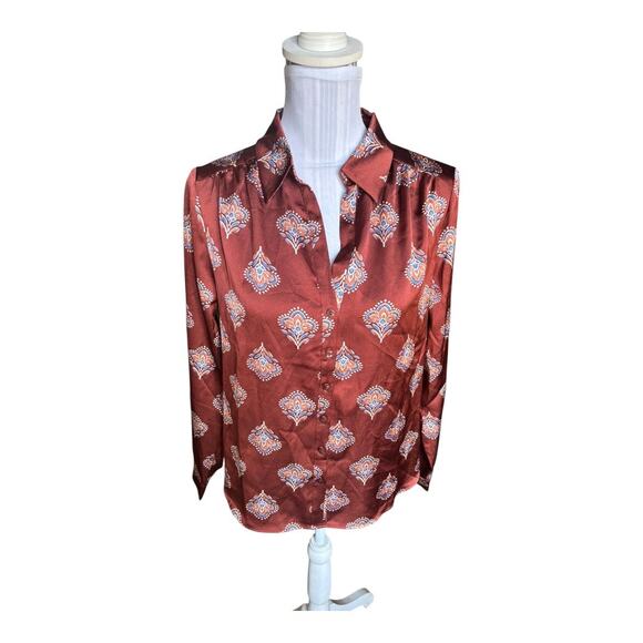 Pleione Brown Floral Print Blouse Size S Button Down - Picture 1 of 3